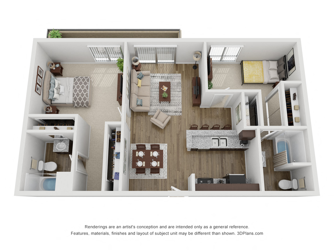 Floor plan for 2 beds, 2 baths, 995 sqft